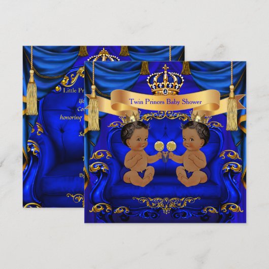 Ethnic Twin Baby shower Boy Prince Blue Gold Kaart (Voorkant / Achterkant)