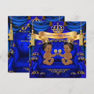 Ethnic Twin Baby shower Boy Prince Blue Gold Kaart