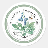 Etiket bijenwas met blauwe bloemen en bijen