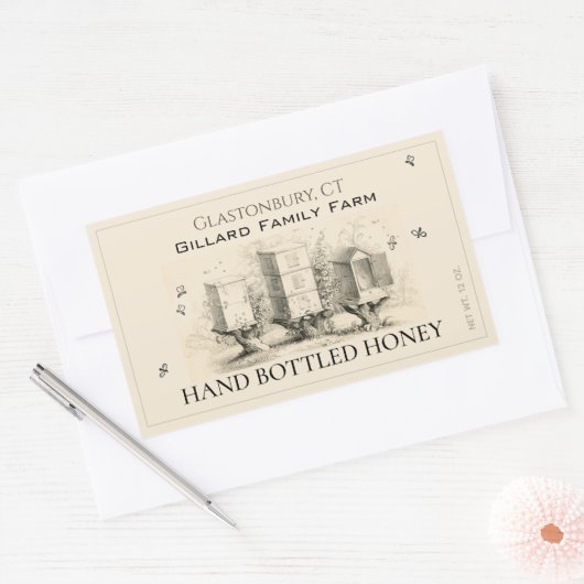 Etiket eierhoning (drie bijenkasten) (Envelop)