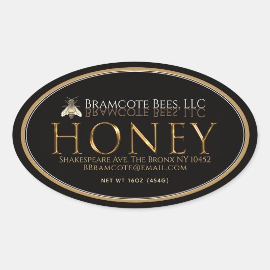 Etiket goud op het etiket van ovale honing op zwar (Voorkant)