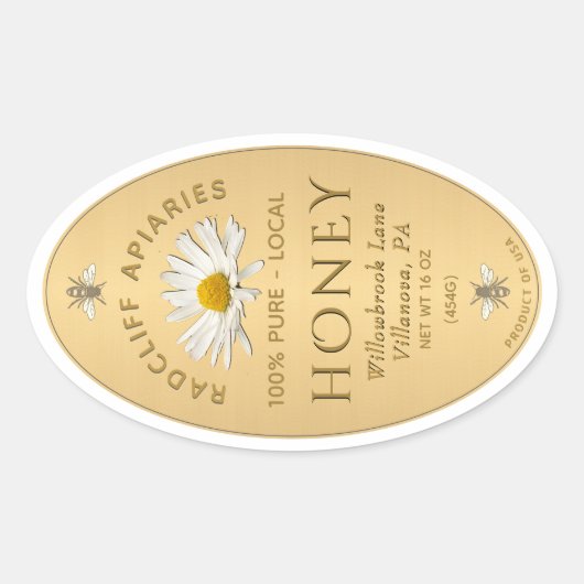 Etiket goudhonig met heraldische bijen, madeliefje (Voorkant)