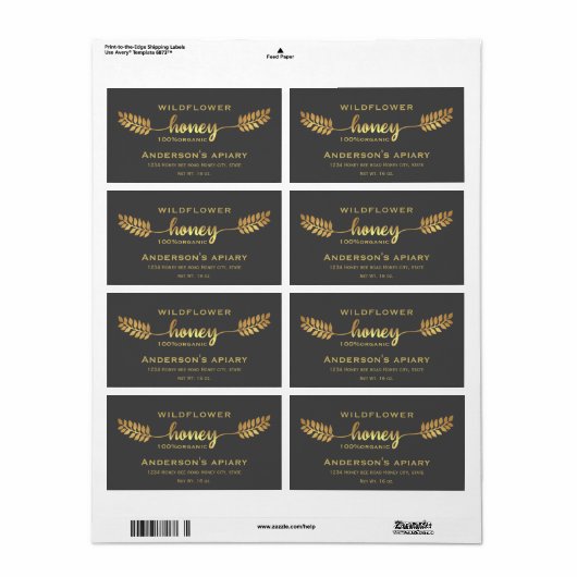 Etiket honingpot met goudkalligrafie (Full Sheet)