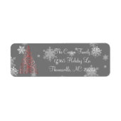 Etiket met rode kerstbomen en sneeuwvlokken (Voorkant)