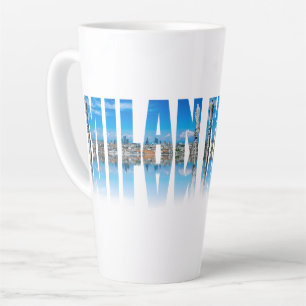 Etiket Milaan, samengesteld uit de skyline van Mil Latte Mok