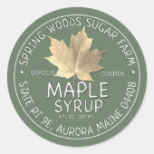 Etiket op groene mantel met suikermapelleder (Voorkant)