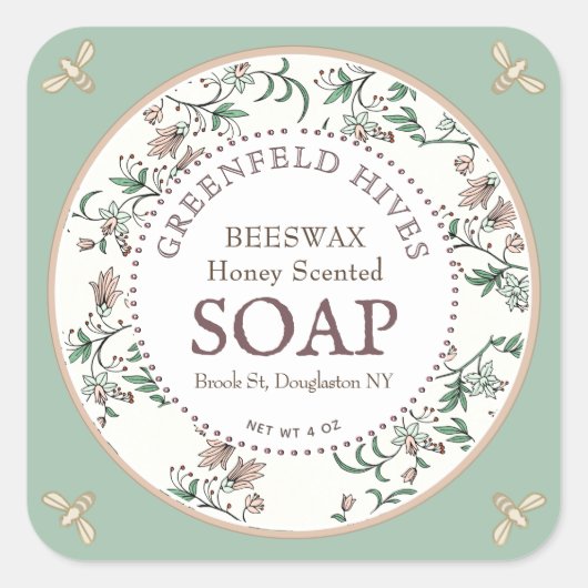 Etiket op groene zeep voor de afdruk van bijen (Voorkant)