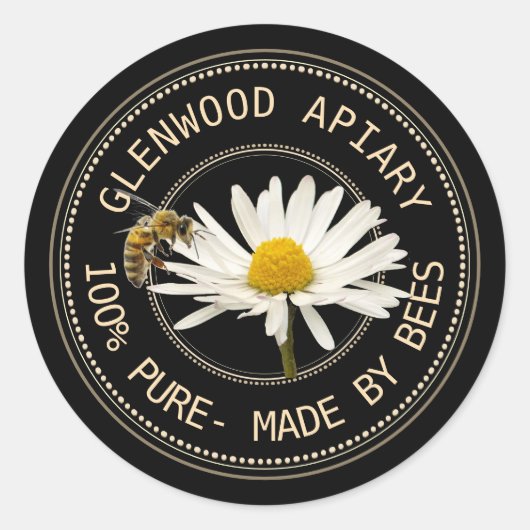 Etiket op honing met bijen en Daisy op zwart (Voorkant)