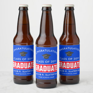 Etiket op rode en blauwe Afstuderen bier