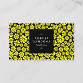 Etiket op vierkant, 01a - 8 petalen - geel op zwar visitekaartje