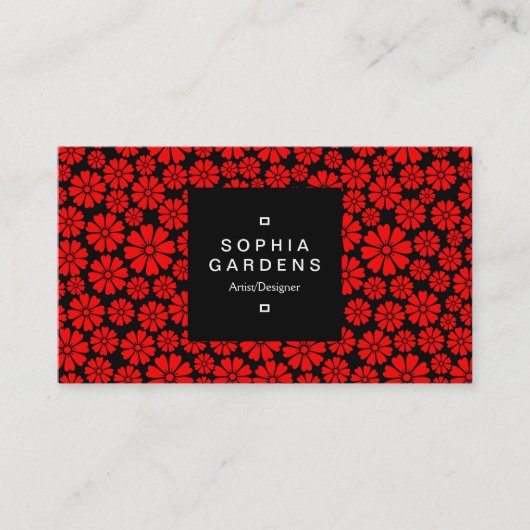 Etiket op vierkant, 01a - 8 petalen - Rood op zwar Visitekaartje (Voorkant)