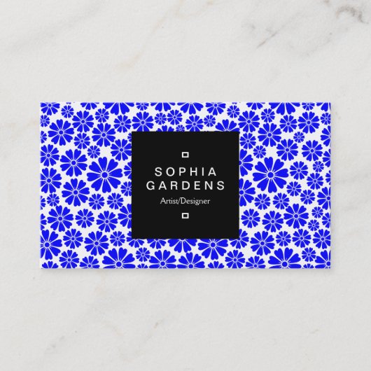 Etiket op vierkant etiket 01a - 8 petals - blauw o visitekaartje (Voorkant)