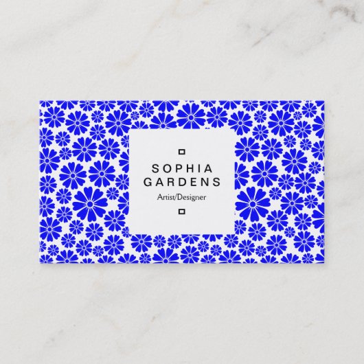 Etiket op vierkant etiket 03a - 8 petals - blauw o visitekaartje (Voorkant)