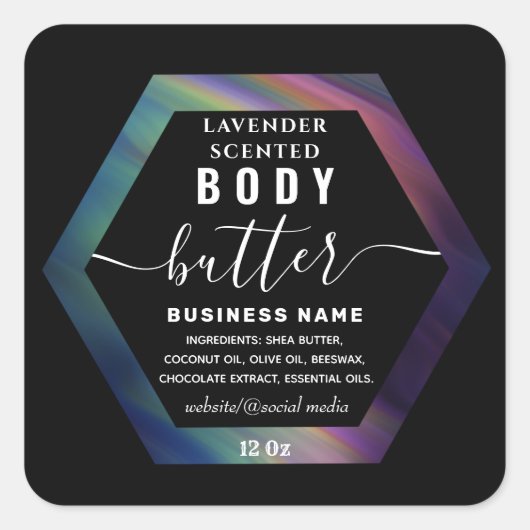 Etiket "Rainbow hexagon script body butter" (Voorkant)
