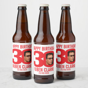 Etiket rode 30th Birthday aangepaste fotonaam