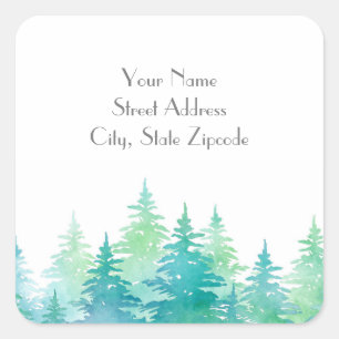 Etiket "Turquoise Green Waterverf Evergreen Trees"