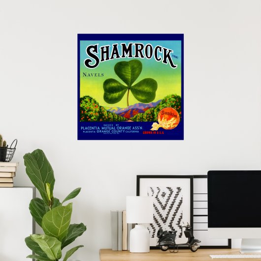 Etiket van 1930 op fruitkratten Shamrock Navel Sin Poster (Thuiskantoor)