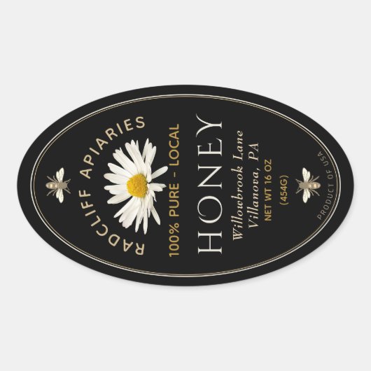 Etiket van ovale honing met heraldische bijen en m (Voorkant)