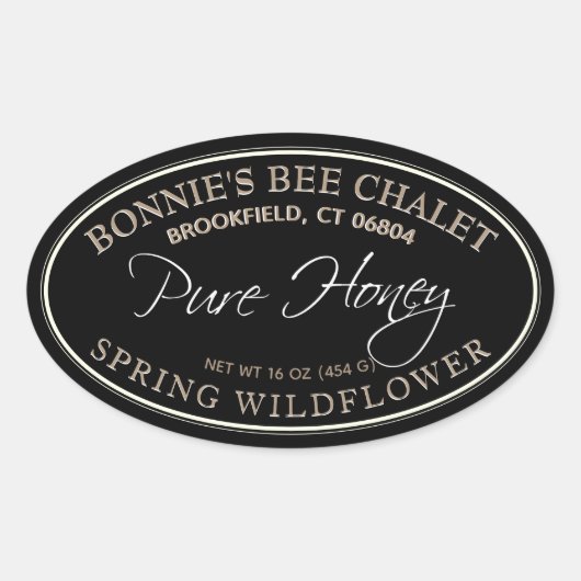 Etiket voor zwarte en goudovale honing met witte r (Voorkant)