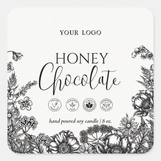 Etiket zwarte en witte florale kaars of zeep (Voorkant)
