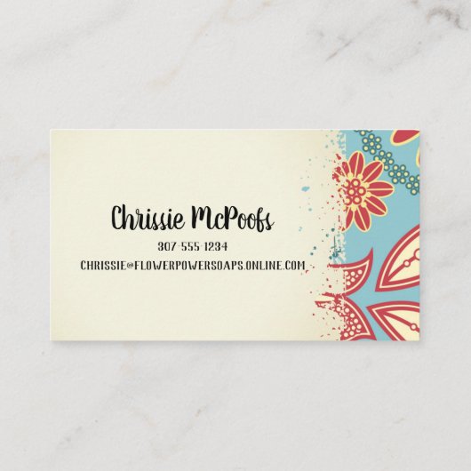 etiketten met handgemaakte zeepbadjes op floraal visitekaartje (Achterkant)