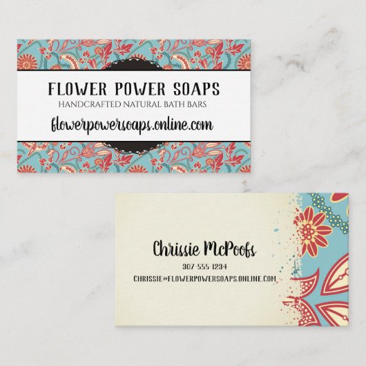 etiketten met handgemaakte zeepbadjes op floraal visitekaartje (Voorkant / Achterkant)