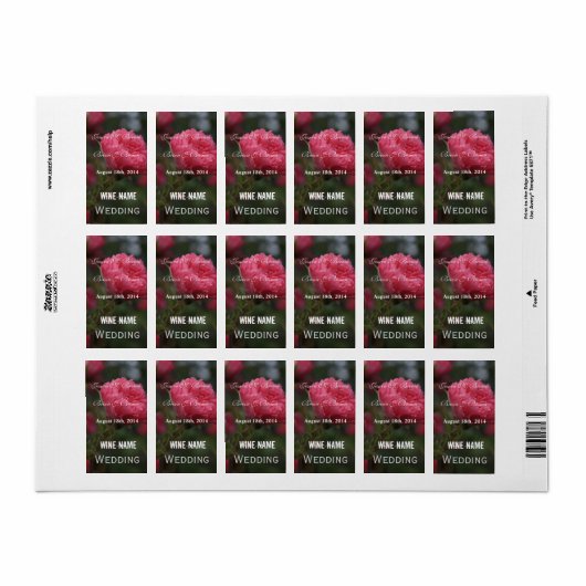 etiketten met roze roze rozenbloemen bruiloft. (Full Sheet)