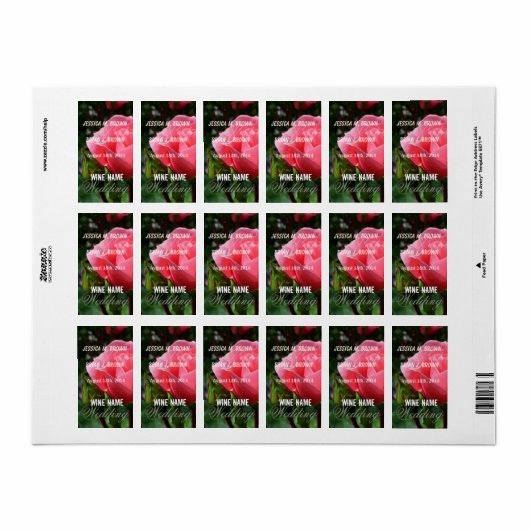 etiketten met roze roze rozenbloemen bruiloft. (Full Sheet)