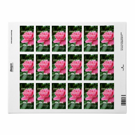 etiketten met roze roze rozenbloemen bruiloft. (Full Sheet)