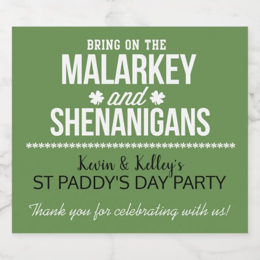 Etiketten op flesjes van malarkey en Shenanigans (Enkel label)