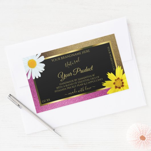 Etiketten van Floral Pink en Gold Glitter Black (Envelop)