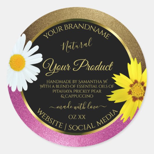 Etiketten van Floral Pink en Gold Glitter Black (Voorkant)