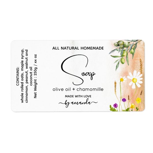 Etiketten van olijfolie en zeep van kamille (Voorkant)