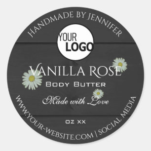 Etiketten van zwarte houtkorrels Floral Daisy Logo