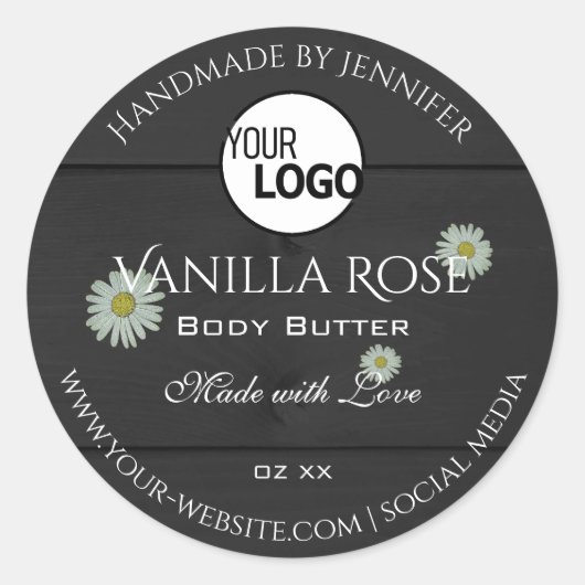 Etiketten van zwarte houtkorrels Floral Daisy Logo (Voorkant)