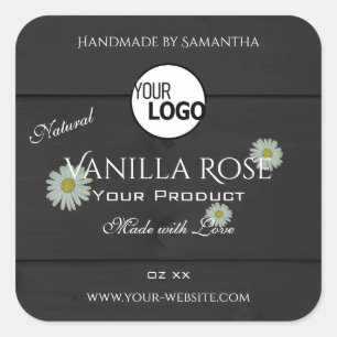 Etiketten van zwarte houtkorrels Floral Daisy Logo