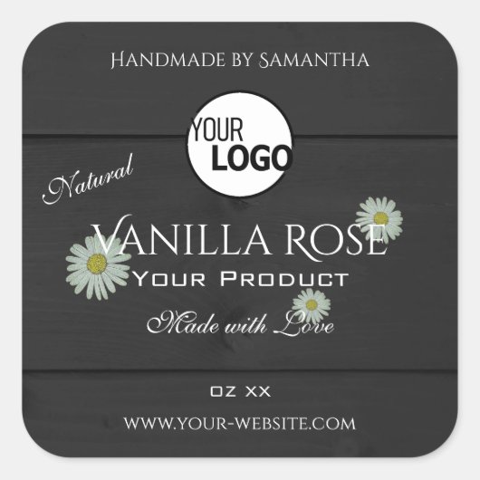 Etiketten van zwarte houtkorrels Floral Daisy Logo (Voorkant)