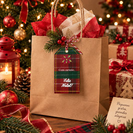 Etiqueta de Natal Xadrez Vermelho e Verde Poinsett Cadeaulabel