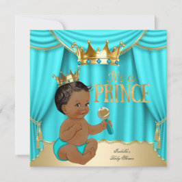 Etnic Boy Baby shower Prince Aqua Blue Gold Crown Kaart