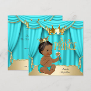 Etnic Boy Baby shower Prince Aqua Blue Gold Crown Kaart
