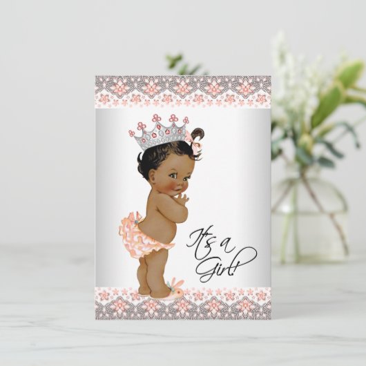 Etnisch Baby Meisje Perzik en Grijs Baby shower Kaart (Staand voorkant)