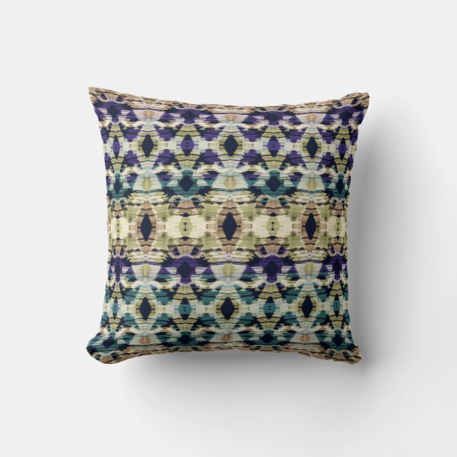 Etnisch blauw, beige ikat kussen (Voorkant)