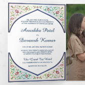 Etnisch Blauw  Bloemenboog Indiase bruiloft Drieluik Uitnodiging (Binnenzijde eerst)