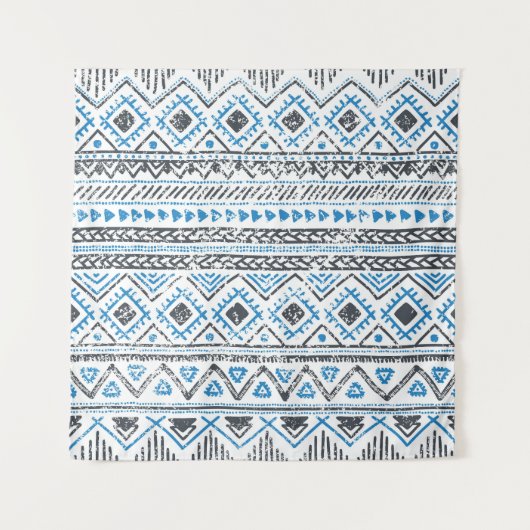 Etnisch blauw, witte naadloze achtergrond. wandkleed (Voorkant)