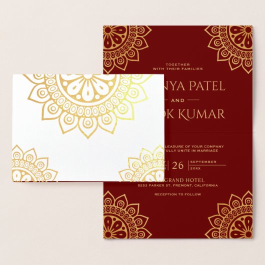 Etnisch Mandala Rood Indisch Bruiloft Goud Folie Kaarten (Display)
