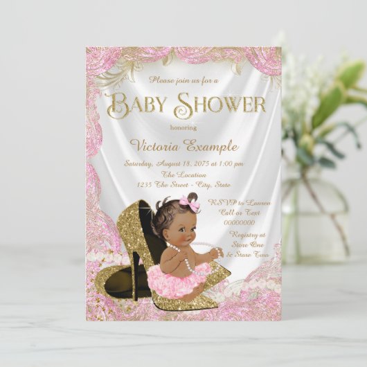 Etnisch Meisje Hoge Hak Schoen Roze Goud Baby show Kaart (Staand voorkant)