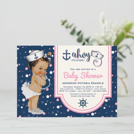 Etnisch Meisje Nautisch Baby shower Kaart (Staand voorkant)