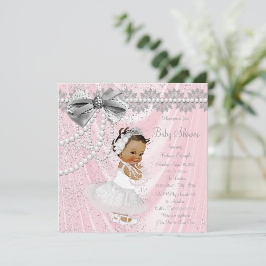 Etnisch Meisje Roze Grijs Satin Pearl Baby shower Kaart (Staand voorkant)