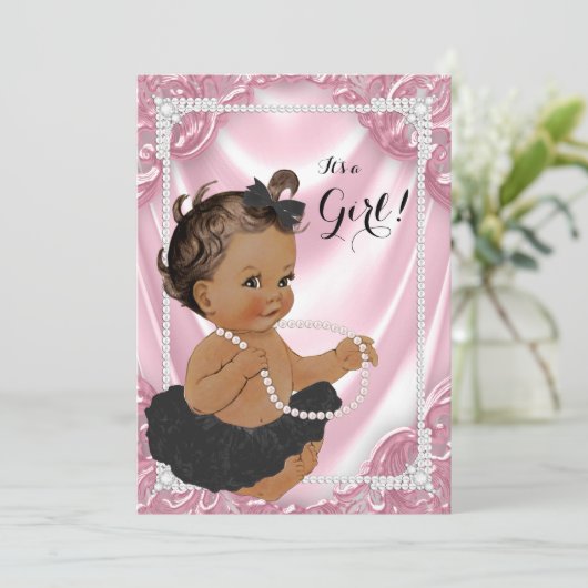 Etnisch Meisje Roze Parel Zwart Tutu Baby shower Kaart (Staand voorkant)