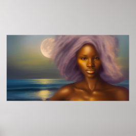 Etnisch mooie vrouw strand maanlicht oceaan poster